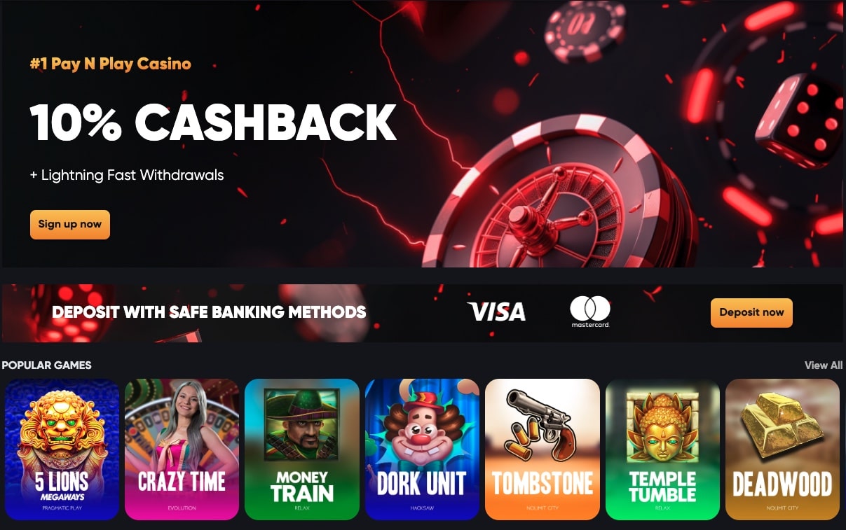 Det nye casinoet Instant casino sin nettside med 10 % cashback