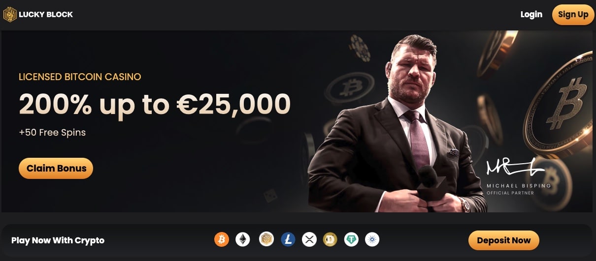 Lucky Block casino hjemmeside med 200 % opptil 25 000 eur i velkomstbonus