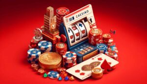 Bitcoin casino omgitt av spillekort og chips med BTC symboler