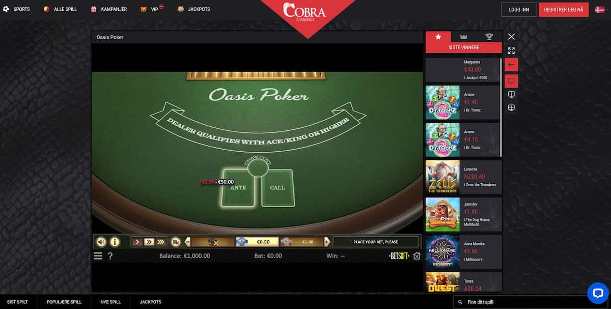 cobra oasis poker