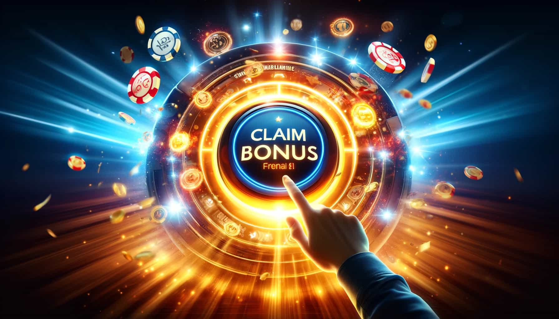 Hand reaching toward claim bonus button on casino