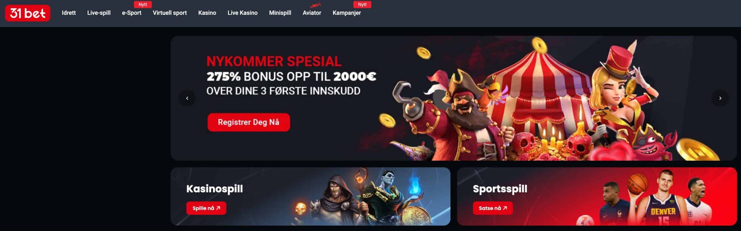 31bet casino forside med bonuser